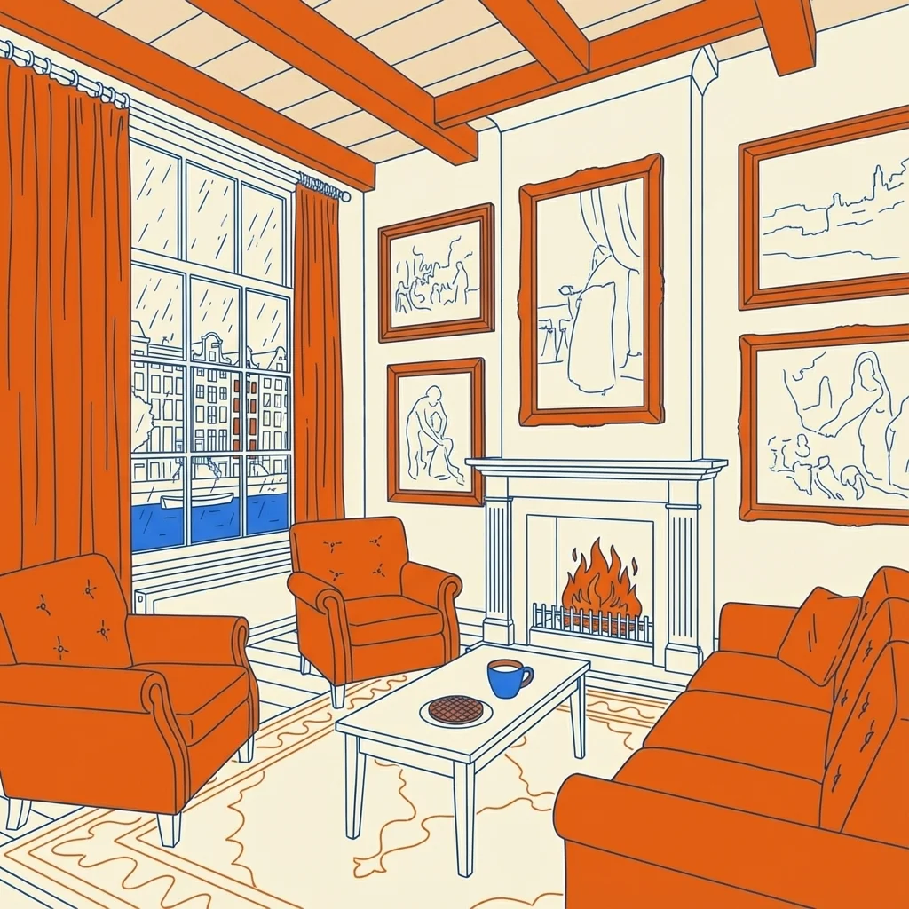 Interior of a cozy canal house museum looking out at the rain