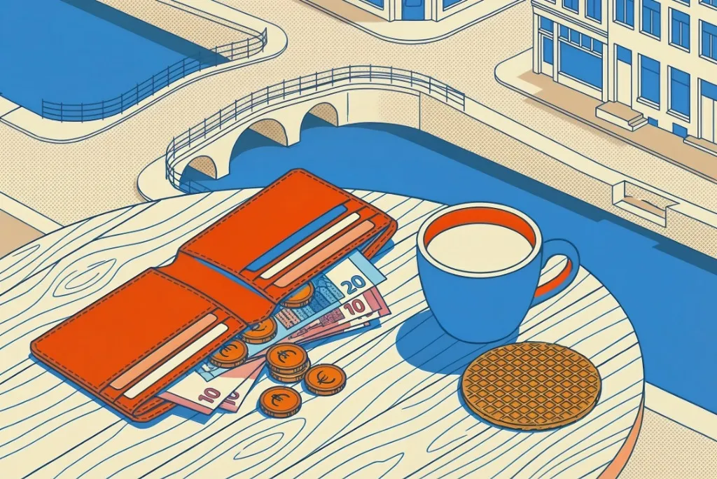 Amsterdam budget travel illustration - wallet with euros, coffee, and stroopwafel on a cafe table by a canal