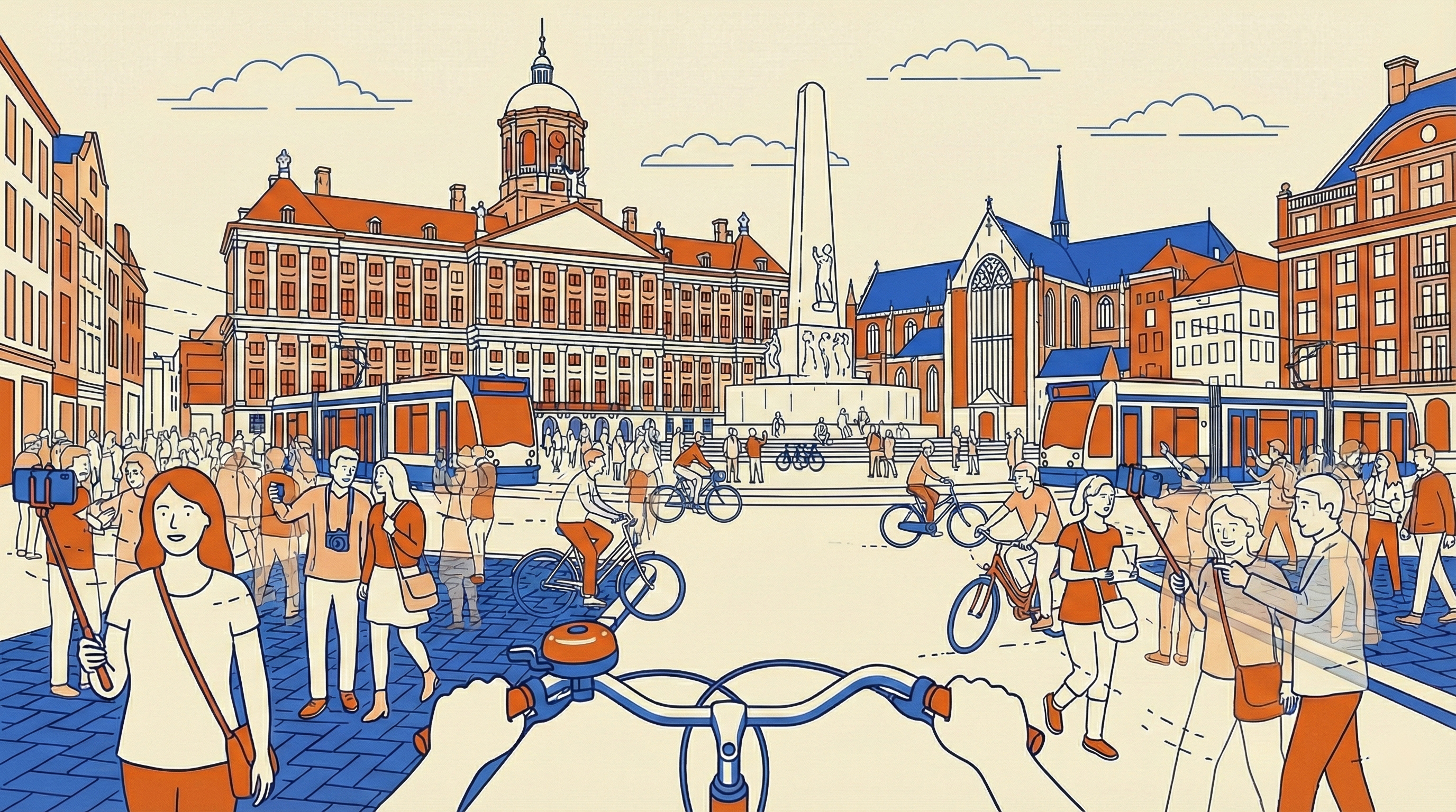 Illustration of Dam Square in Amsterdam with tourists, trams, and bicycles