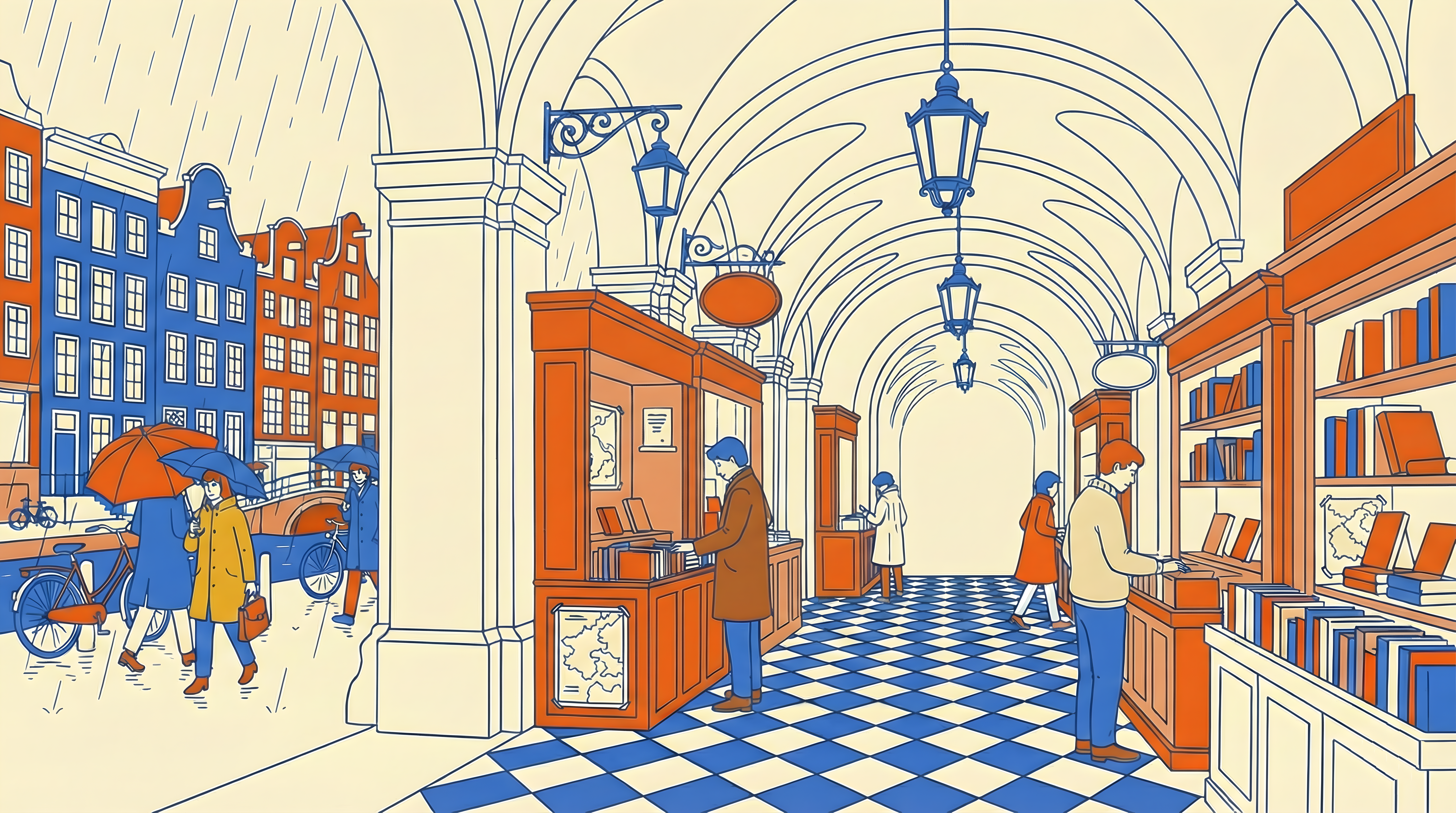 Amsterdam rainy day activities: covered shopping passage Oudemanhuispoort with book stalls and checkered floor